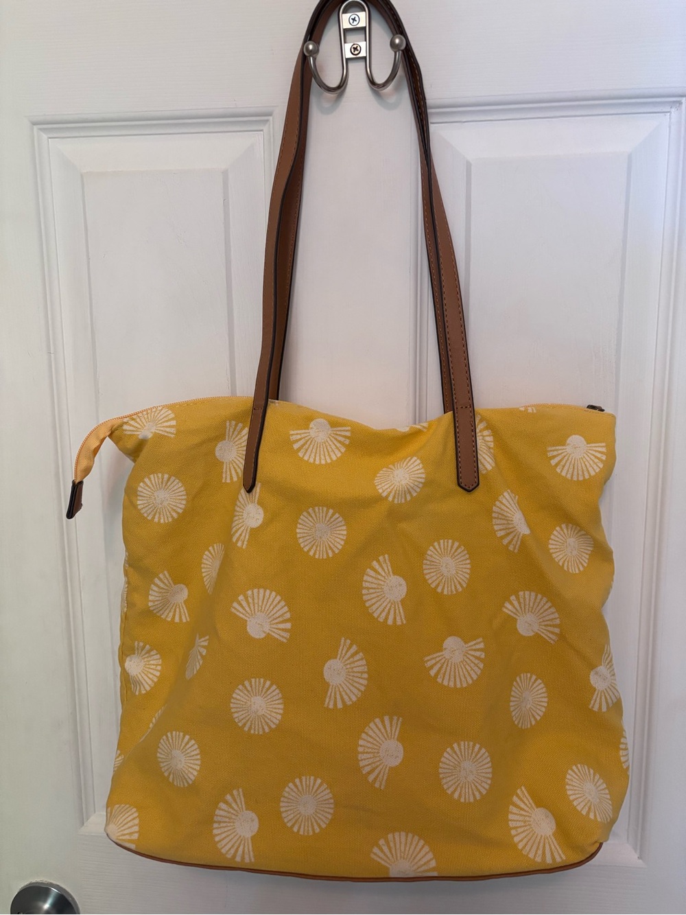 Sonoma Zipper Tote Bag Yellow 100% Cotton Canvas Tote White Ginko Leaf Design